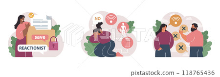 Reactionary or retrograde set. Neoconservatism movement. Traditional views and denying of progress, innovation and development. Status quo character is afraid of the changes. Flat vector illustration 118765436