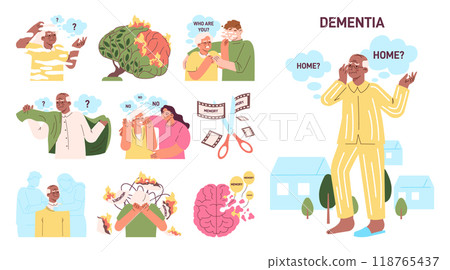 Dementia concept set. Age-related brain damage and functions reduction. Female and male elderly characters losing memory, concentration and the ability to perform daily tasks. Flat vector illustration Dementia concept set. Age-related brain damage and functions reduction. Female and male elderly characters losing memory, concentration and the ability to perform daily tasks. Flat vector illustration 118765437