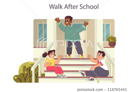 School friends spending time together. Classmates chatting, walking after school. Flat vector illustration School friends spending time together. Classmates chatting, walking after school. Flat vector illustration 118765441