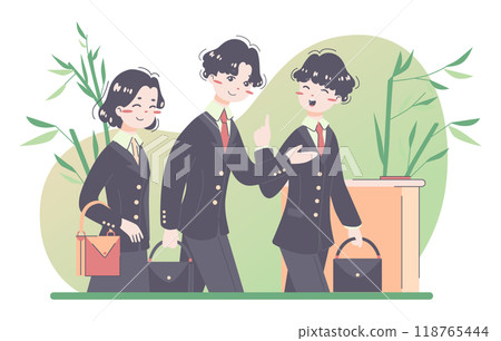 Daily routine of an asian man. Friendship and communication between co-workers. Clerks leaving office at the end of the workday. Flat vector illustration 118765444