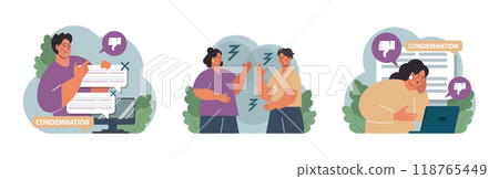 Condemnation set. Public censure or judgement. Upset victim being bullyed and shamed by others. Flat vector illustration Condemnation set. Public censure or judgement. Upset victim being bullyed and shamed by others. Flat vector illustration 118765449