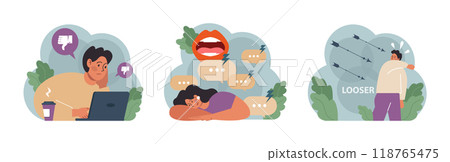 Condemnation set. Public censure or judgement. Upset victim being bullyed and shamed by others. Flat vector illustration 118765475