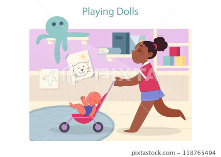 Cute little girl playing with doll. Happy child caring a baby doll in a baby carriage. Childhood and preschool development. Flat vector illustration Cute little girl playing with doll. Happy child caring a baby doll in a baby carriage. Childhood and preschool development. Flat vector illustration 118765494