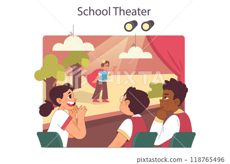 School drama club performance. Happy kids enjoying play together, watching a young actor on a stage. Friendship and creativity development. Flat vector illustration 118765496