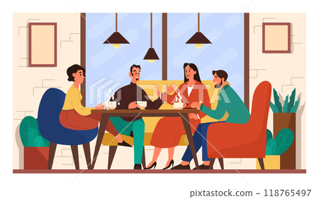 Coffee shop interior. Cafe with people sitting at tables, drinking coffee and talking to each other. Group of friends or coworkers meeting Flat vector illustration 118765497