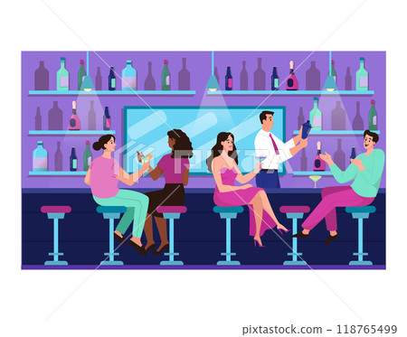 Bar interior. Friend group hanging out in bar or pub drinking alcoholic drinks. Men and women sitting by counter waiting for a barman to make order. Nightlife entertainment. Flat vector illustration 118765499