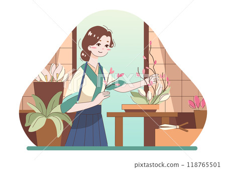 Woman with Japanese ikebana. Asian female character in traditional clothes create floristic composition. Asian culture and piece of art. Flat vector illustration 118765501