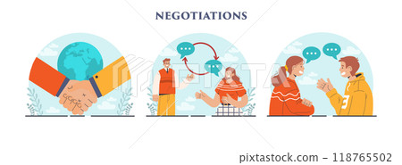 Negotiations concept set. Opinions, directions, interests and points of view discussion. Making a compromise and disagreement resolution. Flat vector illustration 118765502