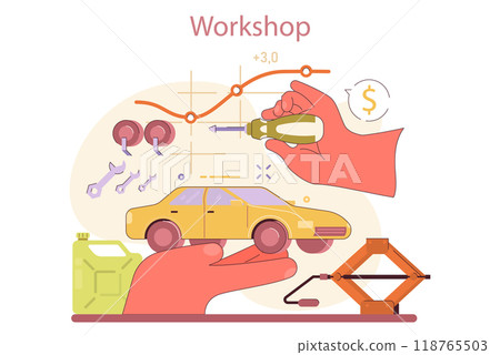 Car repair service. Starting and developing small workshop business. Independent mechanic check a vehicle in a garage. Flat vector illustration. 118765503