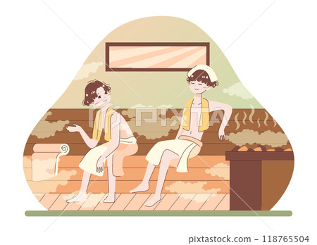 Asian people enjoying their free time. Japanese male friends in towels relax in sauna. Characters enjoy steamhouse relaxation, resting in spa or wellness center. Flat vector illustration 118765504