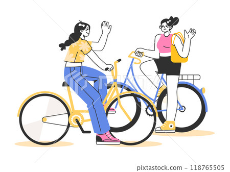 Healthy and active lifestyle. Young teenage characters hang out outside, riding a bikes together. Summer break activity, bicycle trip with friends. Flat vector illustration 118765505