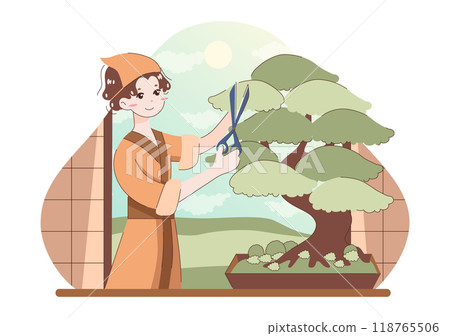 Bonsai growing. Asian male character caring, pruning and trimming bonsai tree. Traditional gardening hobby. Flat vector illustration 118765506