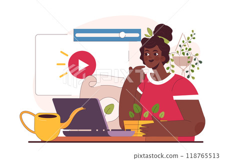 Education video blog filming with woman creating video tutorial on top of care of house plants, flat cartoon vector illustration isolated on white background. Education video blog filming with woman creating video tutorial on top of care of house plants, flat cartoon vector illustration isolated on white background. 118765513