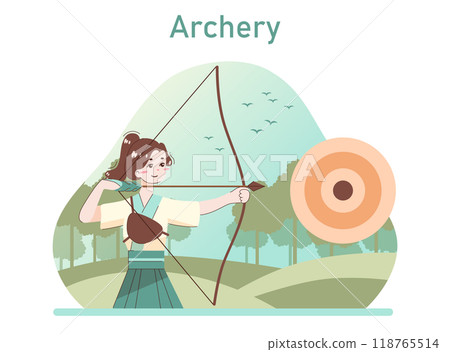 Asian character doing sport. Kyudo or japanese archery. Martial art training. Woman in traditional clothes with a longbow. Flat vector illustration 118765514