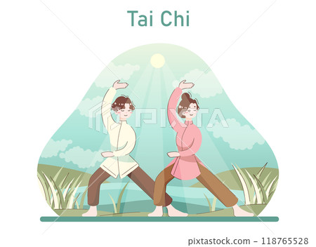 Asian people doing sport. Tai Chi exercising. Chinese practise or martial art. Female and male characters in traditional clothes. Sportsmen training. Flat vector illustration 118765528