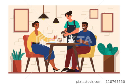 Coffee shop interior. Cafe with people sitting at the table, drinking coffee and talking to each other. Barista serving hot beverages. Flat vector illustration Coffee shop interior. Cafe with people sitting at the table, drinking coffee and talking to each other. Barista serving hot beverages. Flat vector illustration 118765530