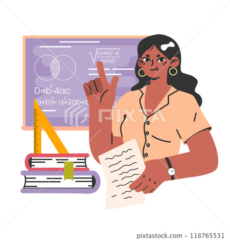 Female teacher standing by blackboard. Smiling professor in the classroom. School or college workers. Idea of education and knowledge gaining. Flat vector illustration Female teacher standing by blackboard. Smiling professor in the classroom. School or college workers. Idea of education and knowledge gaining. Flat vector illustration 118765531