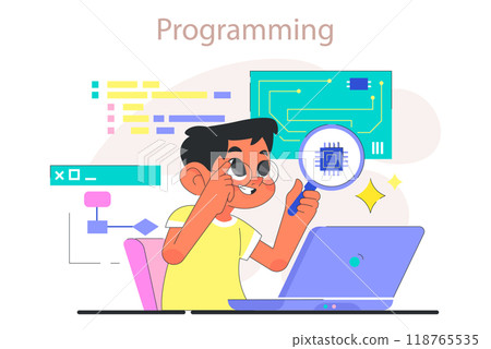 Child do programming. Computer science, AI, game technologies and robotics for kids. Web, apps and software development practice. Flat vector illustration 118765535