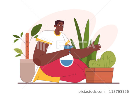Character enjoy gardening. Man planting and taking care of potted house plants, microgreen and garden vegetables and fruits. Modern agricultural hobby, urban farming. Flat vector illustration 118765536