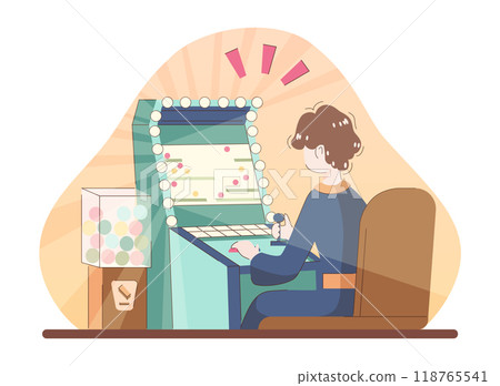 Asian people enjoying their free time. Japanese character playing arcade machine. Retro game console or slot machine. Entertainment amusement arcade center. Flat vector illustration 118765541