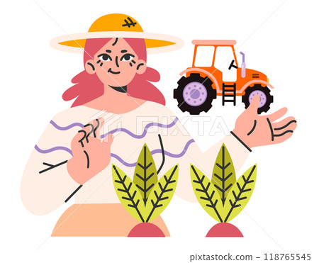 Farmer. Female farm owner growing plants. Agriculture business. Countryside woman harvesting and planting food. Flat vector illustration Farmer. Female farm owner growing plants. Agriculture business. Countryside woman harvesting and planting food. Flat vector illustration 118765545