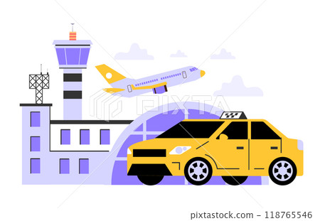 Taxi service. Online taxi order in mobile application. Yellow taxi car. Automobile cab transfering passengers or tourists from airplane. Idea of public city transportation. Flat vector illustration Taxi service. Online taxi order in mobile application. Yellow taxi car. Automobile cab transfering passengers or tourists from airplane. Idea of public city transportation. Flat vector illustration 118765546