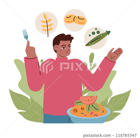 Healthy vegan diet. Character eating fresh vegetables, fruits and meat substitutes. Balanced vegetarian and vegan food. Flat vector illustration 118765547