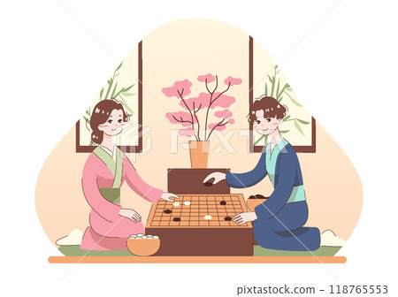Characters playing a traditional chinese game. Gobang or Go strategy board game. Asian people in traditional clothes moving black and white stones. Flat vector illustration Characters playing a traditional chinese game. Gobang or Go strategy board game. Asian people in traditional clothes moving black and white stones. Flat vector illustration 118765553
