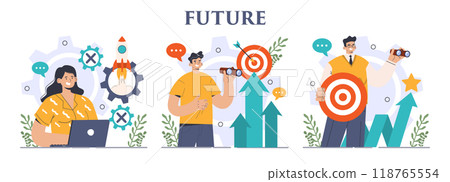 Future concept set. Character searching for future opportunities, decisions, new ideas. People looking into the tommorow. Outlook, forecast or visionary. Flat vector illustration Future concept set. Character searching for future opportunities, decisions, new ideas. People looking into the tommorow. Outlook, forecast or visionary. Flat vector illustration 118765554