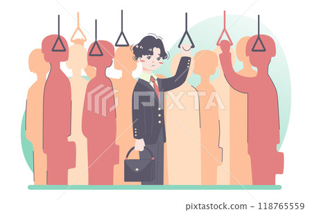 Daily routine of an asian man. Japanese clerk in the train. Crowded subway car. Public transport system. Businessman schedule, modern lifestyle. Flat vector illustration Daily routine of an asian man. Japanese clerk in the train. Crowded subway car. Public transport system. Businessman schedule, modern lifestyle. Flat vector illustration 118765559
