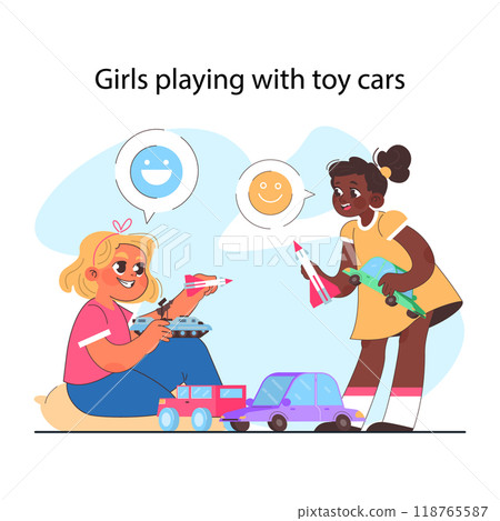 Modern gender neutral parenting. Positive advice for parents to raise girls. Kids playing with toy cars and rockets. Little children nurturing without gender-focused stereotype. Flat vector 118765587