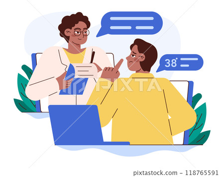 Online consultation with a doctor. Remote medical treatment by videocalling on a smartphone. Sick character with a heat chatting with medical worker on smartphone. Flat vector illustration Online consultation with a doctor. Remote medical treatment by videocalling on a smartphone. Sick character with a heat chatting with medical worker on smartphone. Flat vector illustration 118765591