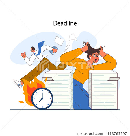 Deadline. Office character with burning work time horse. Idea of huge amount of paper work and short due time. Employees are stressed out about business problems. Flat vector illustration 118765597