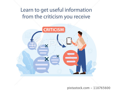 How to deal with judgement at work. Employee dealing with pressure from manager, learning how to take constructive criticism and get usefull information. Flat vector illustration How to deal with judgement at work. Employee dealing with pressure from manager, learning how to take constructive criticism and get usefull information. Flat vector illustration 118765600