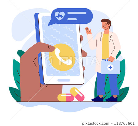 Online consultation with a doctor. Remote medical treatment by videocalling on a smartphone. Sick character with a heat chatting with medical worker on smartphone. Flat vector illustration Online consultation with a doctor. Remote medical treatment by videocalling on a smartphone. Sick character with a heat chatting with medical worker on smartphone. Flat vector illustration 118765601