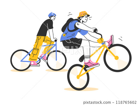 Healthy and active lifestyle. Young teenage characters hang out outside, riding a bikes together. Summer break activity, bicycle trip with friends. Flat vector illustration 118765602