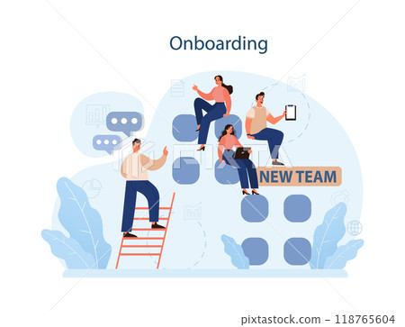 Human resources manager competency. Personnel management specialist. HR manager onboarding a new employee, maintaining warm welcome. Flat vector illustration 118765604