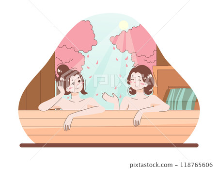 Asian people enjoying their free time. Japanese characters bathing together. Female friends relaxing in traditional onsen, hot spring bath or thermal pool. Flat vector illustration Asian people enjoying their free time. Japanese characters bathing together. Female friends relaxing in traditional onsen, hot spring bath or thermal pool. Flat vector illustration 118765606