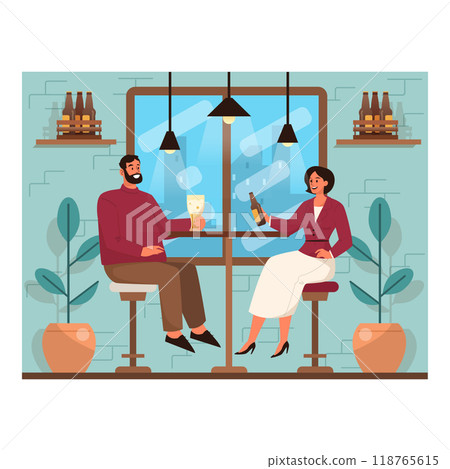Beer bar interior. Friends or couple hanging out in a pub drinking beer and talking. Man and woman sitting at the table. Nightlife entertainment. Flat vector illustration Beer bar interior. Friends or couple hanging out in a pub drinking beer and talking. Man and woman sitting at the table. Nightlife entertainment. Flat vector illustration 118765615
