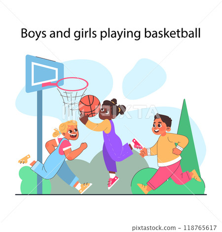 Modern gender neutral parenting. Raising girls and boys equally. Children playing basketball together. Little children nurturing without gender-focused stereotype. Flat vector illustration Modern gender neutral parenting. Raising girls and boys equally. Children playing basketball together. Little children nurturing without gender-focused stereotype. Flat vector illustration 118765617