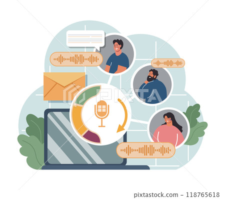 Voice search. Artificial intelligence virtual assistant. Character speaking on microphone with browser request. Voice activated identification for digital security. Flat vector illustration Voice search. Artificial intelligence virtual assistant. Character speaking on microphone with browser request. Voice activated identification for digital security. Flat vector illustration 118765618