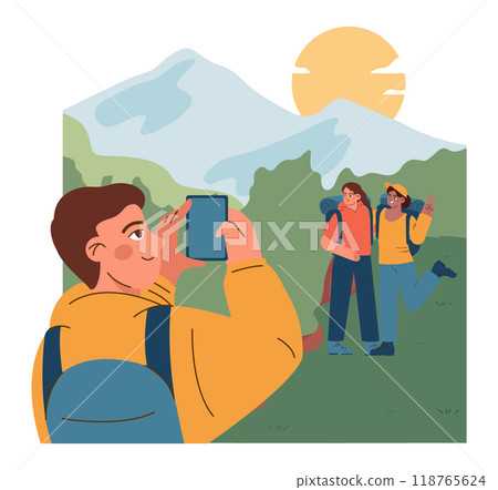 Mountaineering. Mountain climbers with backpacks during nature adventure. People climbing rock hiking in the woods, exploring mountains and forest. Active recreation. Flat vector illustration Mountaineering. Mountain climbers with backpacks during nature adventure. People climbing rock hiking in the woods, exploring mountains and forest. Active recreation. Flat vector illustration 118765624