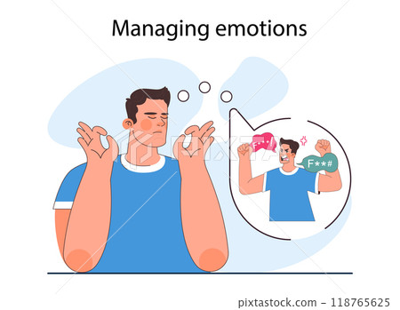 Emotional intelligence. Emotion balance and control skill. Positive aspects of emotional intelligence, EQ development. Calm character with skill of managing emotions. Flat vector illustration Emotional intelligence. Emotion balance and control skill. Positive aspects of emotional intelligence, EQ development. Calm character with skill of managing emotions. Flat vector illustration 118765625
