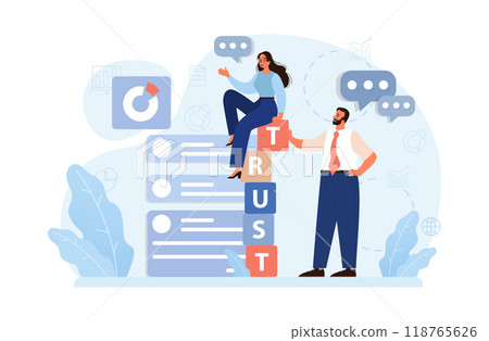 Company credibility. Brand reputation based on customer loyalty and trust. Corporate public relations strategy. Security of data. Flat vector illustration Company credibility. Brand reputation based on customer loyalty and trust. Corporate public relations strategy. Security of data. Flat vector illustration 118765626