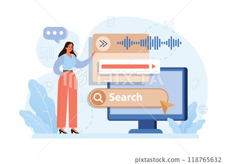 Voice search. Artificial intelligence virtual assistant. Woman speaking on microphone with browser request. Voice activated identification for digital security. Flat vector illustration 118765632