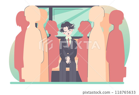 Daily routine of an asian man. Japanese clerk sleeping in the train. Crowded subway car. Public transport system. Businessman schedule, modern lifestyle. Flat vector illustration 118765633
