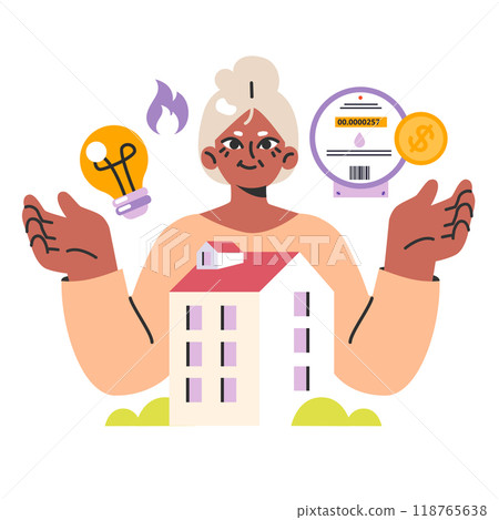 Concept of utilities. Electricity, gas and water. Female character calculates costs for house or apartment . Financial literacy and monthly payments. Flat vector illustration 118765638