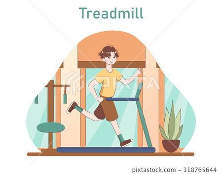 Man running on the treadmill. Athletic character in the sportswear doing exercises im the gym. Indoor fitness routine. Flat vector illustration 118765644