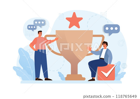 Group of people celebrating an overall victory. Teamwork or friends achievement. Happy characters together, corporate success. Flat vector illustration Group of people celebrating an overall victory. Teamwork or friends achievement. Happy characters together, corporate success. Flat vector illustration 118765649
