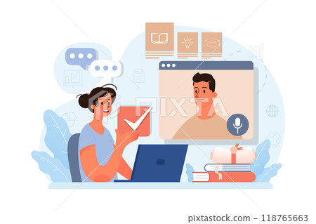 Online education. Character study remotely using internet, online services, application or website. Idea of e-learning and gaining knowledge by modern online courses. Flat vector illustration Online education. Character study remotely using internet, online services, application or website. Idea of e-learning and gaining knowledge by modern online courses. Flat vector illustration 118765663